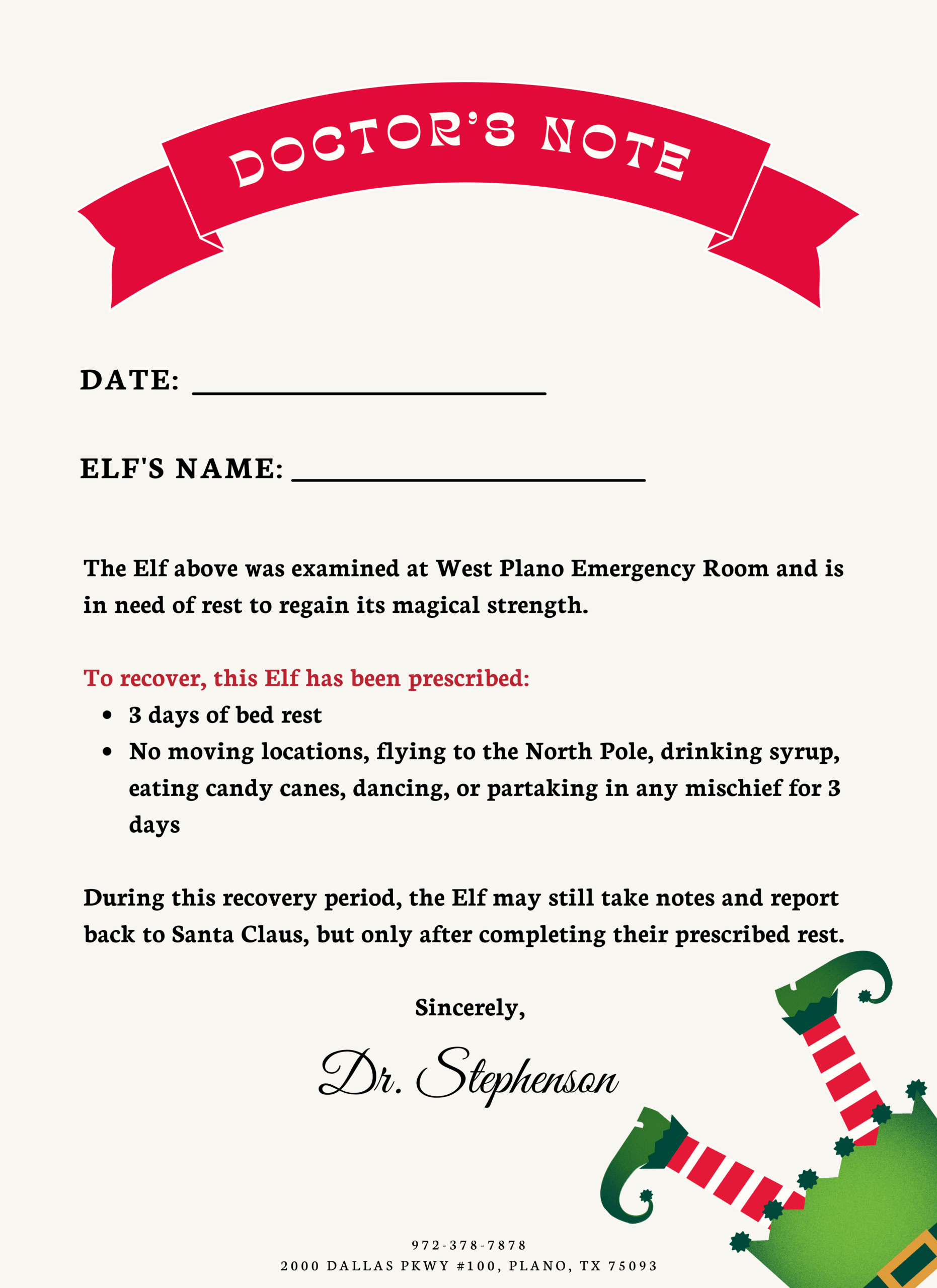 West Plano ER's 2025 Elf on the Shelf Doctor's Note