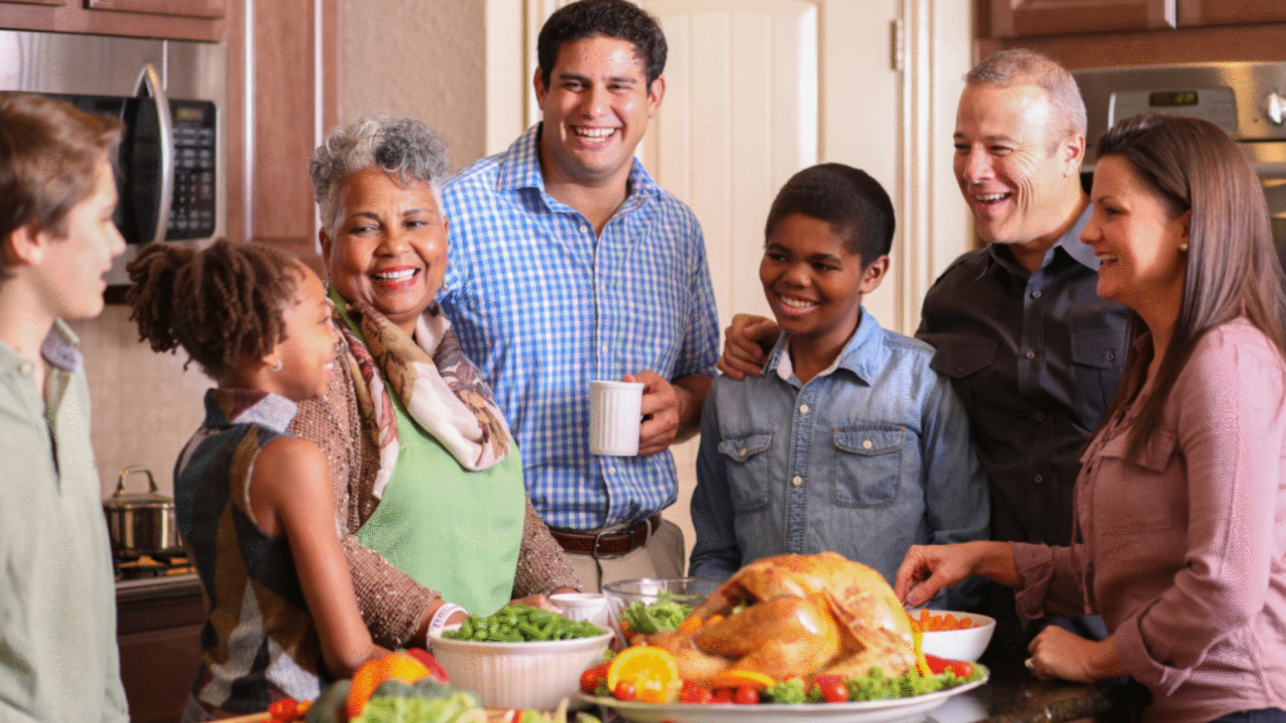 family talking over the Thanksgiving meal